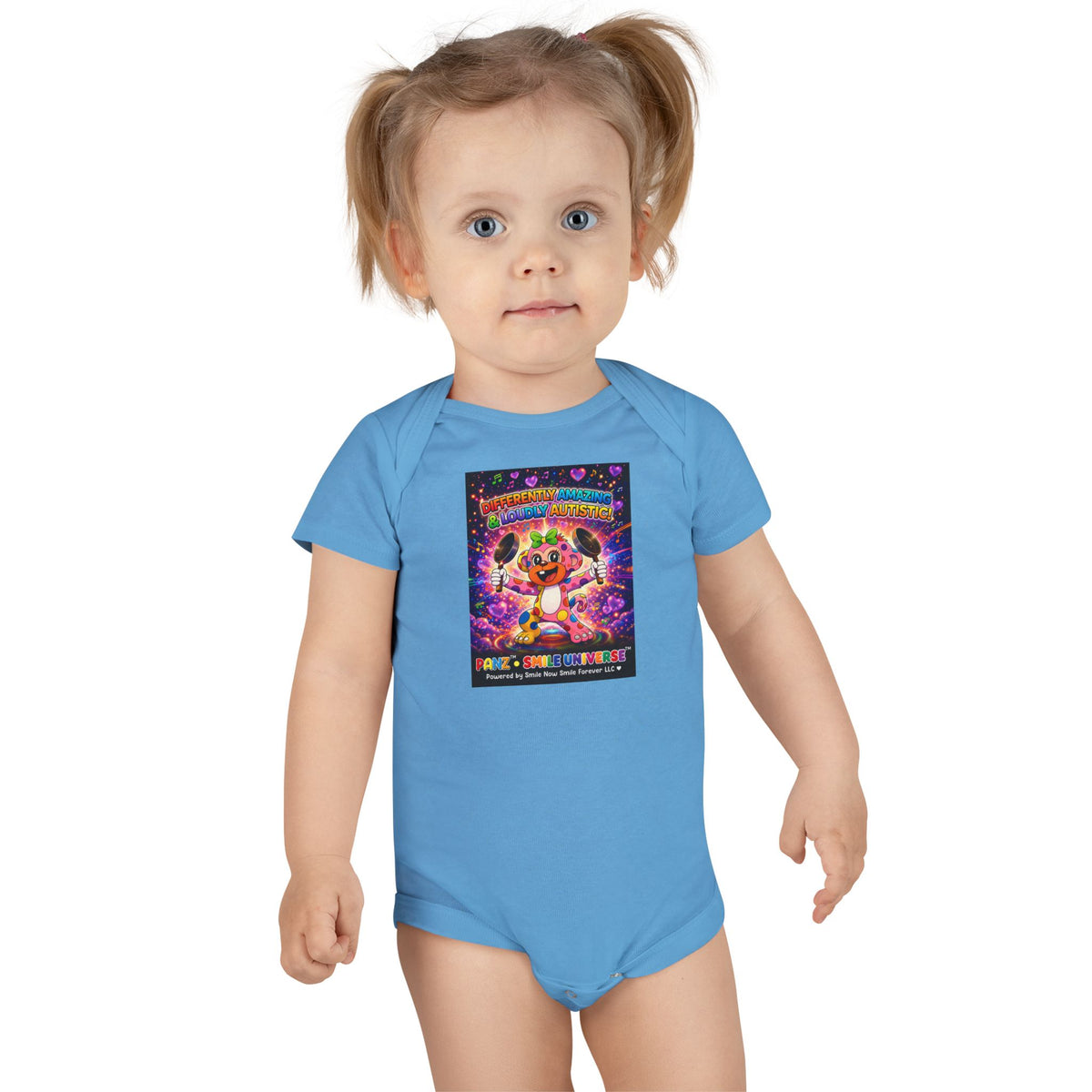 Panz™ Baby Short Sleeve Onesie® – "Differently Amazing & Loudly Autistic!" Graphic | Smile Universe Collection