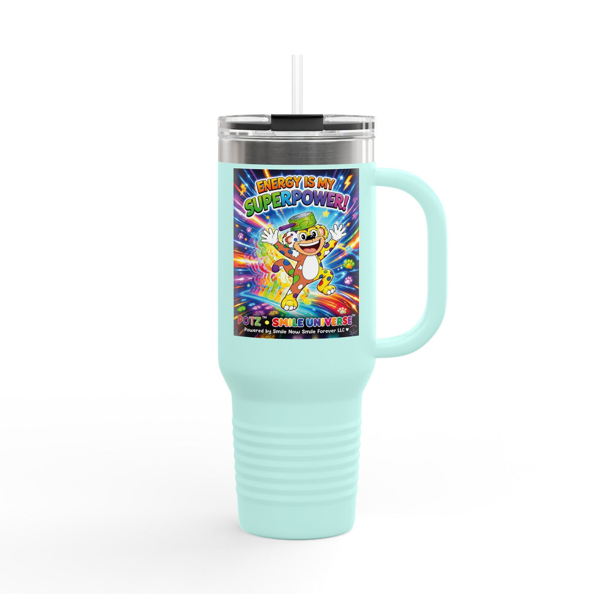 Potz™ Insulated Travel Mug 40oz – "Energy is My Superpower!" Graphic Tumbler | Smile Universe Collection