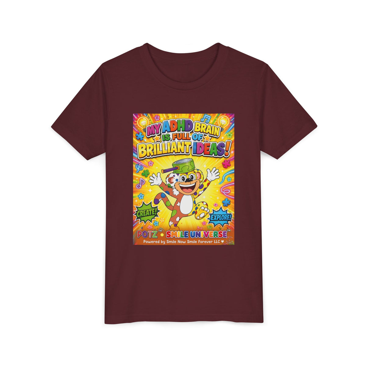 Potz™ Youth Short Sleeve Tee – "My ADHD Brain is Full of Brilliant Ideas!" Graphic Tee | Smile Universe Collection