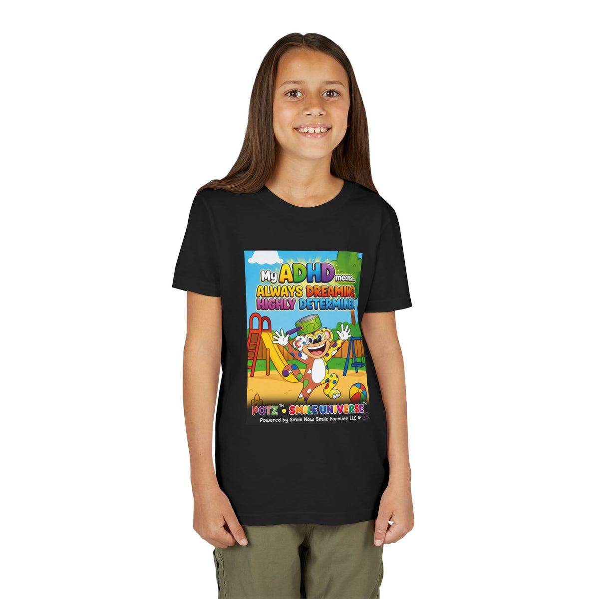 Potz™ Youth Short Sleeve Tee – "My ADHD Means Always Dreaming, Highly Determined" Graphic Tee | Smile Universe Collection