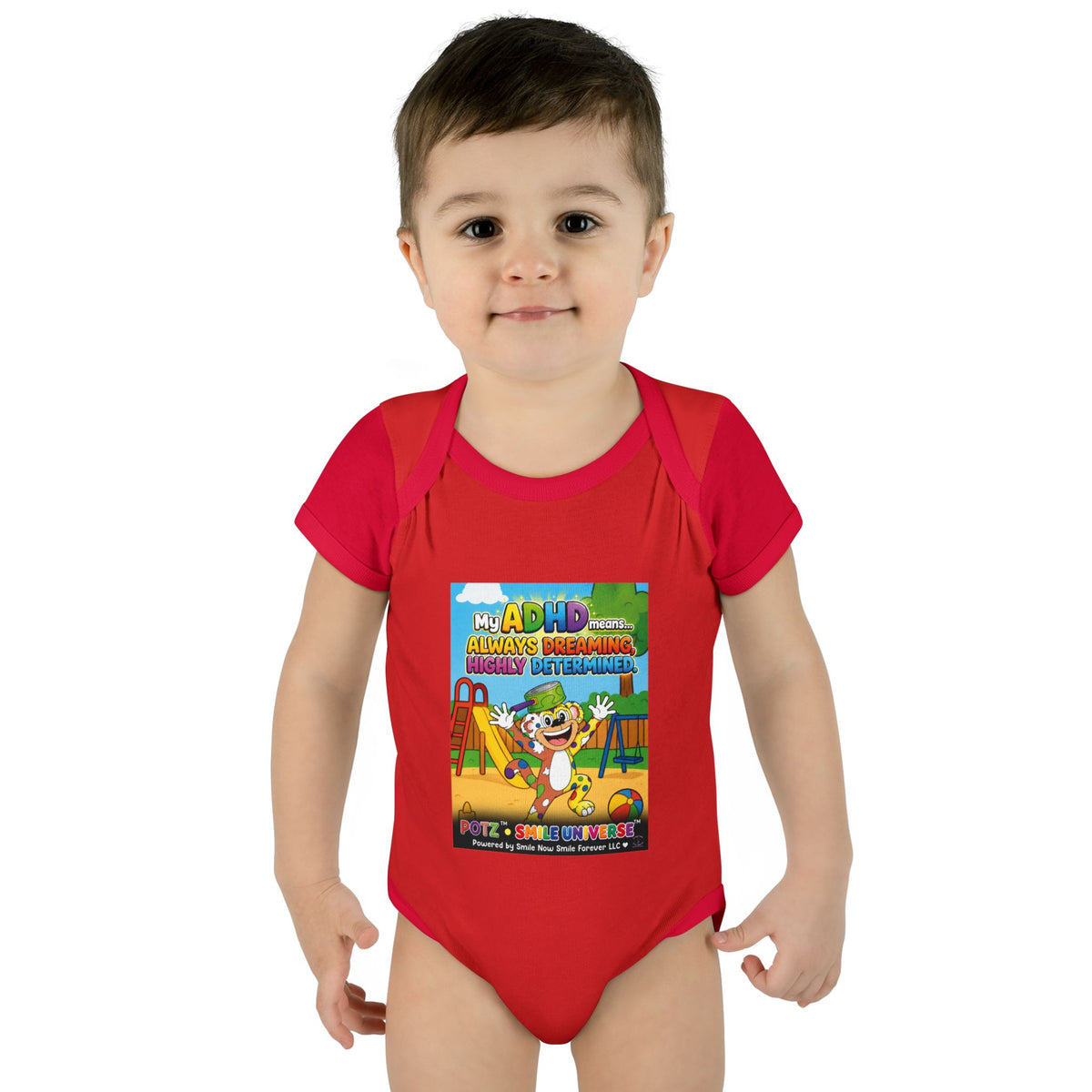 Potz™ Infant Baby Rib Bodysuit – "My ADHD Means Always Dreaming, Highly Determined" Graphic Onesie | Smile Universe Collection