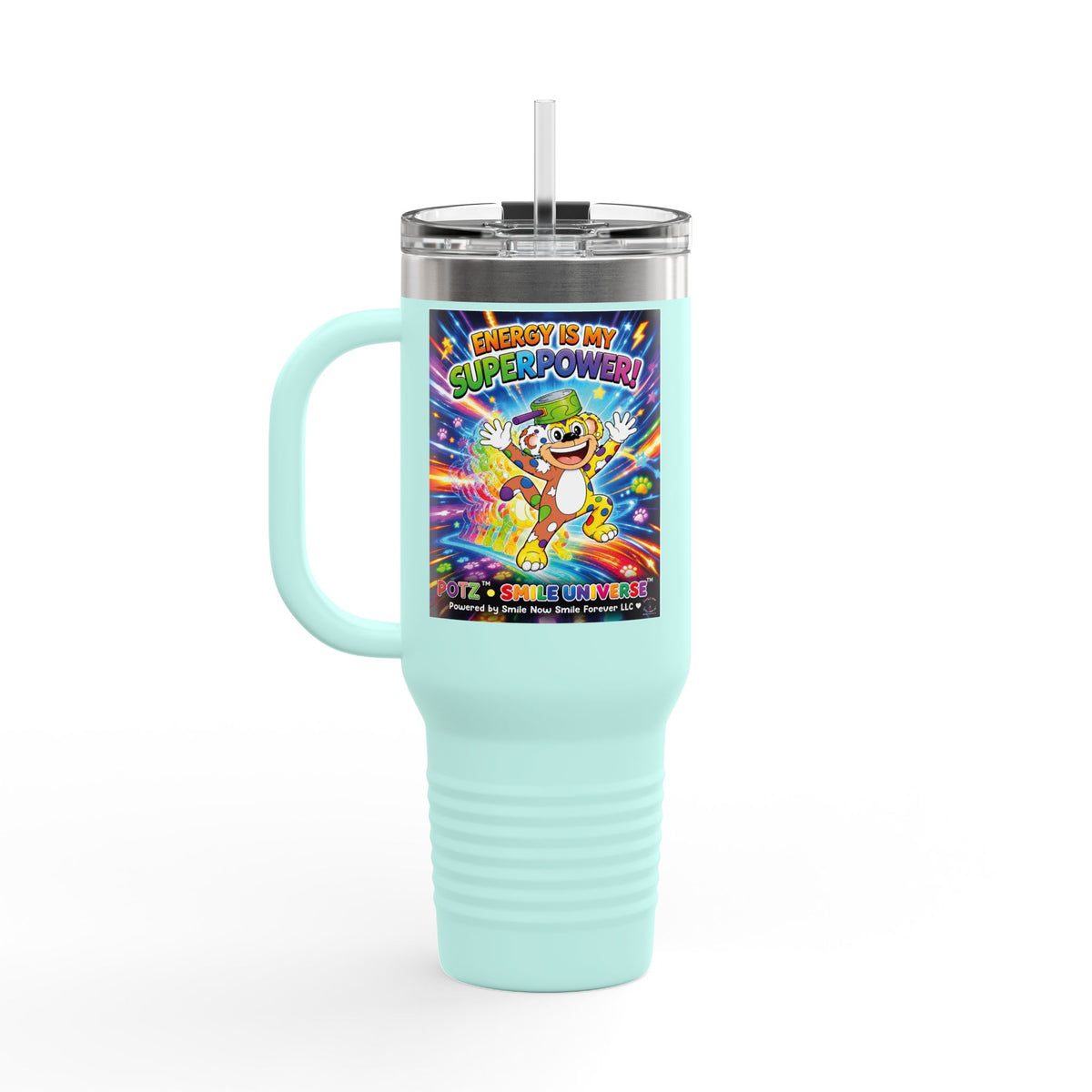 Potz™ Insulated Travel Mug 40oz – "Energy is My Superpower!" Graphic Tumbler | Smile Universe Collection