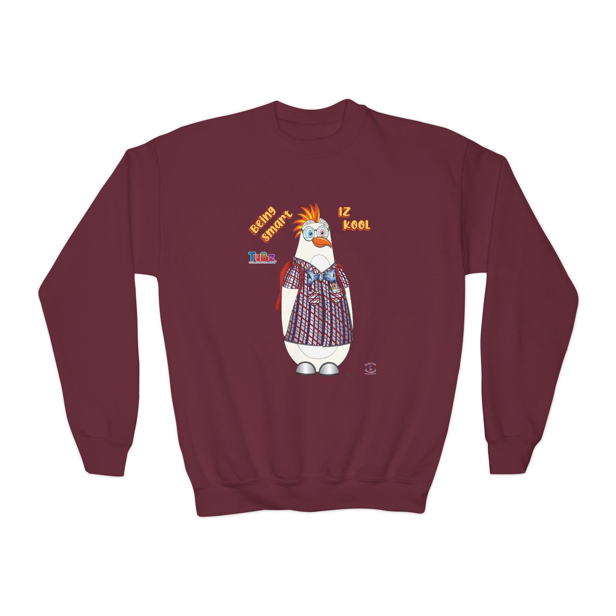 TuBz™ "Being Smart Iz Kool" Youth Crewneck Sweatshirt – Character Dress-Up Graphic Sweatshirt | Smile Universe TuBz4Kidz Collection