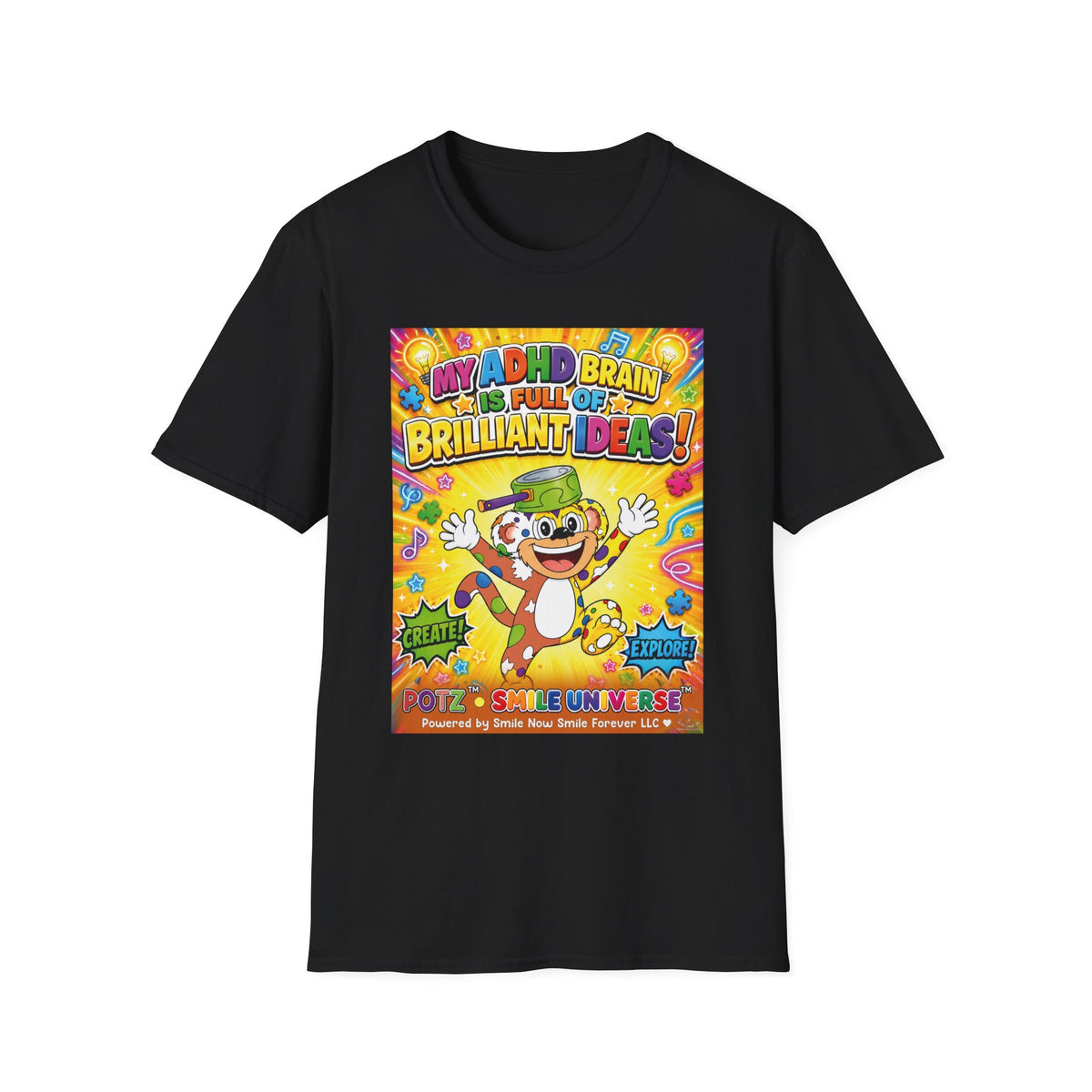 Potz™ Unisex Softstyle T-Shirt – "My ADHD Brain is Full of Brilliant Ideas!" Graphic Tee | Smile Universe Collection