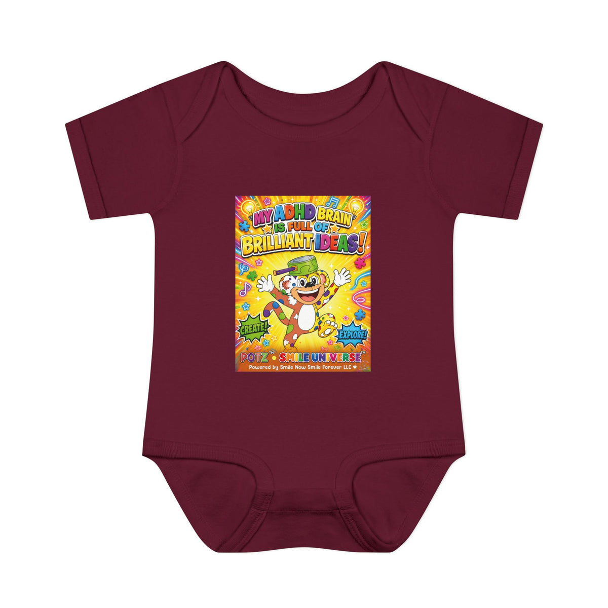 Potz™ Infant Baby Rib Bodysuit – "My ADHD Brain is Full of Brilliant Ideas!" Graphic Onesie | Smile Universe Collection