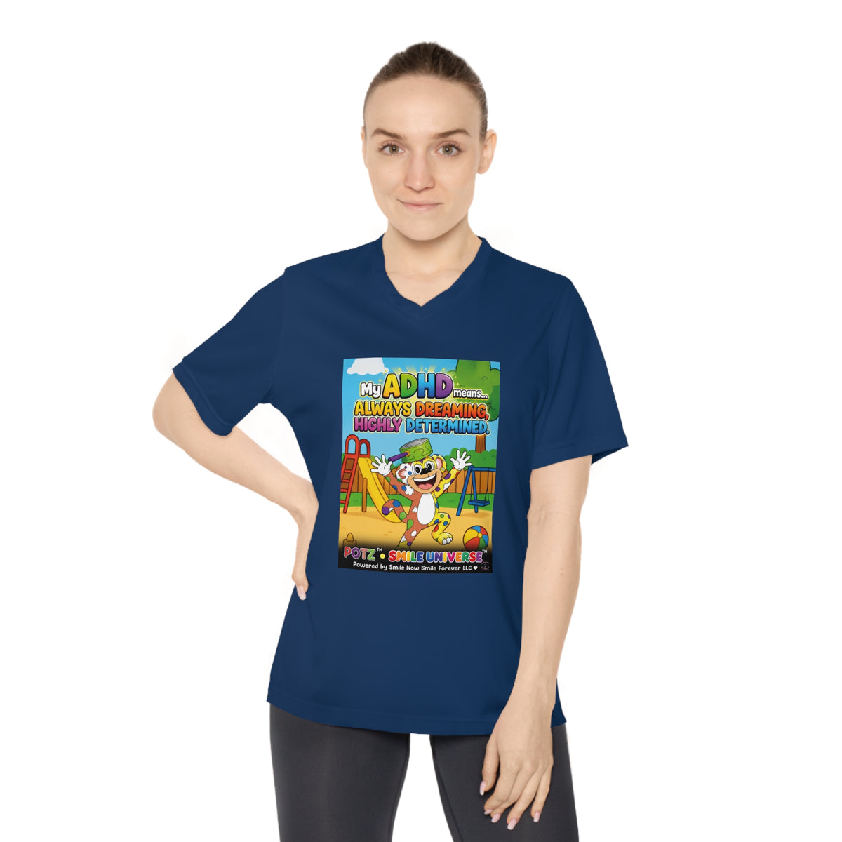 Potz™ Women's Performance V-Neck T-Shirt – "My ADHD Means Always Dreaming, Highly Determined" Graphic Tee | Smile Universe Collection