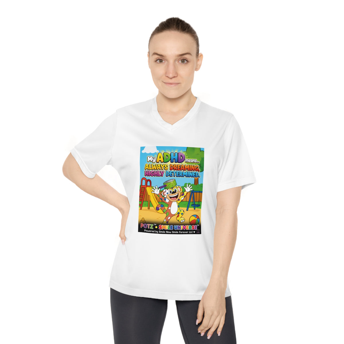 Potz™ Women's Performance V-Neck T-Shirt – "My ADHD Means Always Dreaming, Highly Determined" Graphic Tee | Smile Universe Collection