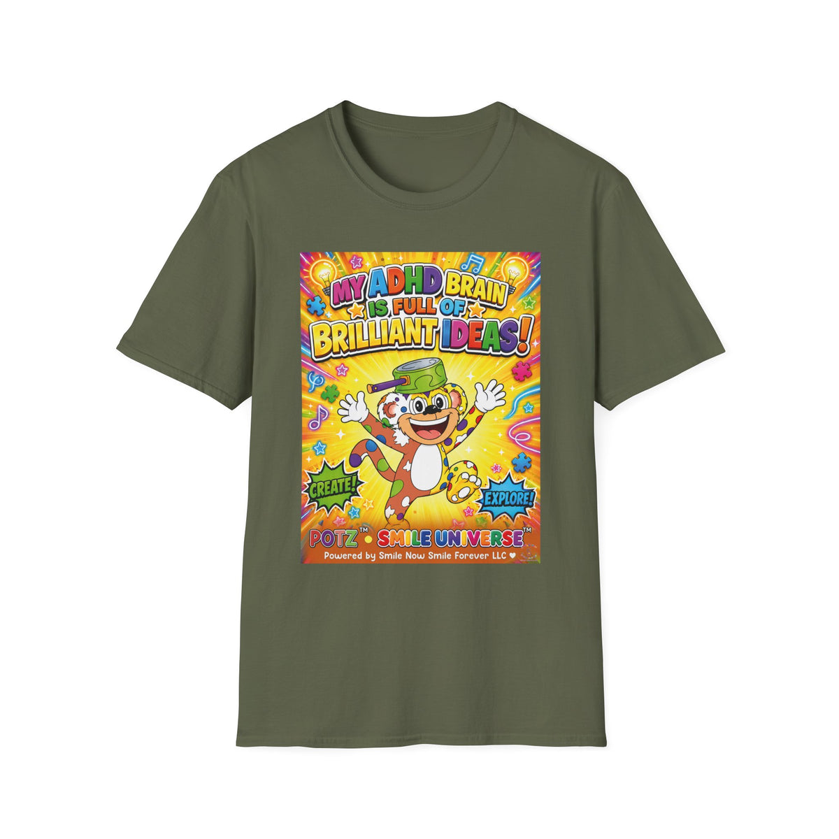 Potz™ Unisex Softstyle T-Shirt – "My ADHD Brain is Full of Brilliant Ideas!" Graphic Tee | Smile Universe Collection