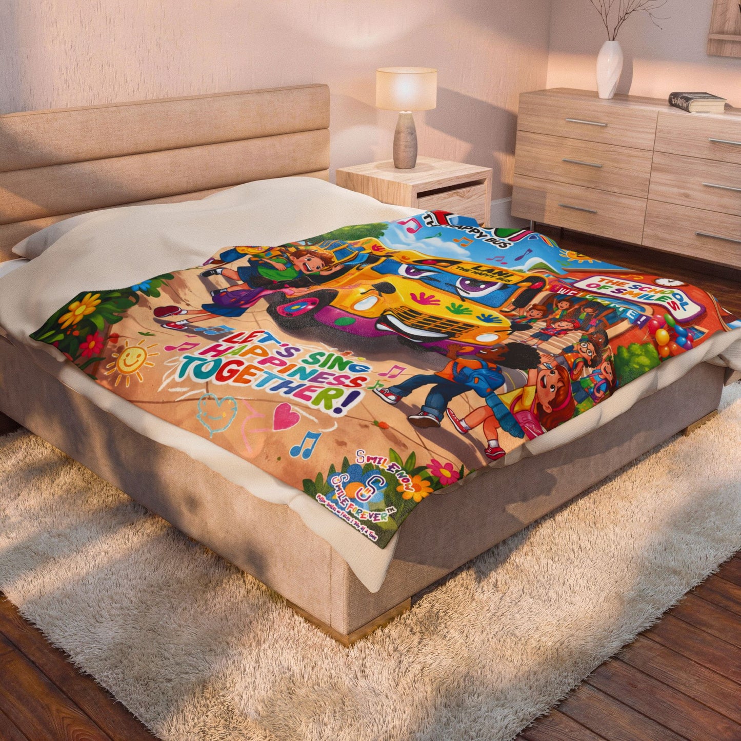 Lani the Happy Bus Kids Velveteen Blanket — "Let's Sing Happiness Together" Cozy Throw