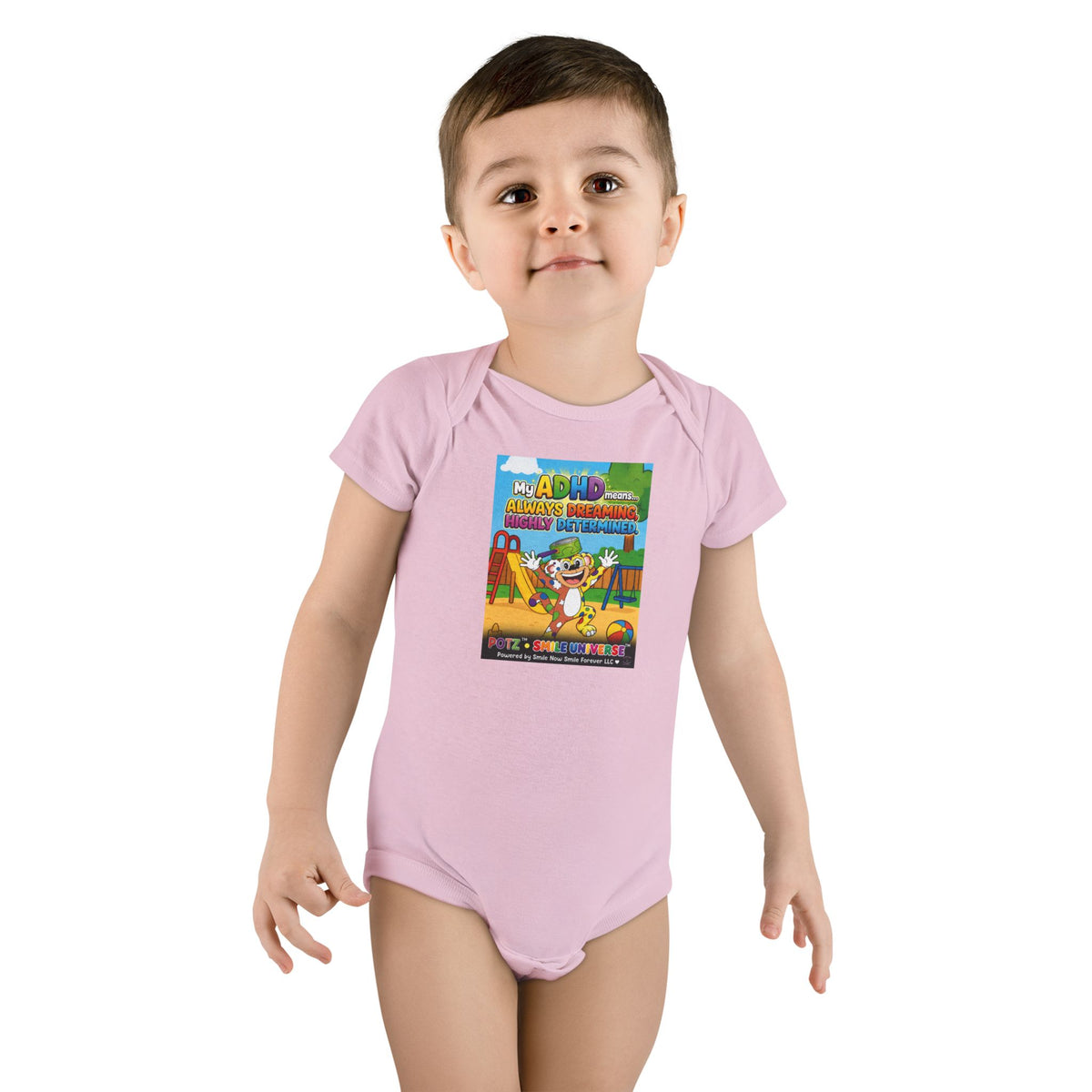 Potz™ Baby Short Sleeve Onesie® – "My ADHD Means Always Dreaming, Highly Determined" Graphic Bodysuit | Smile Universe Collection