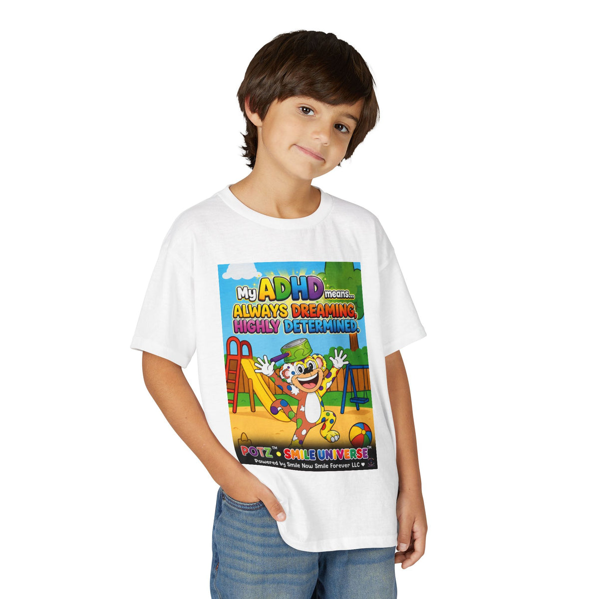 Potz™ Youth DryBlend® T-Shirt – "My ADHD Means Always Dreaming, Highly Determined" Graphic Tee | Smile Universe Collection