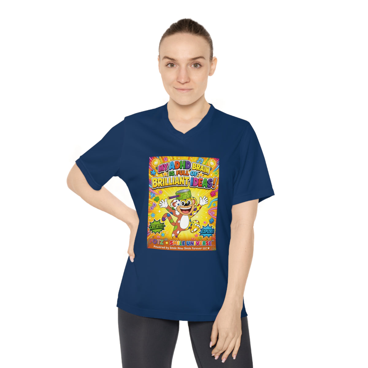 Potz™ Women's Performance V-Neck T-Shirt – "My ADHD Brain is Full of Brilliant Ideas!" Graphic Tee | Smile Universe Collection