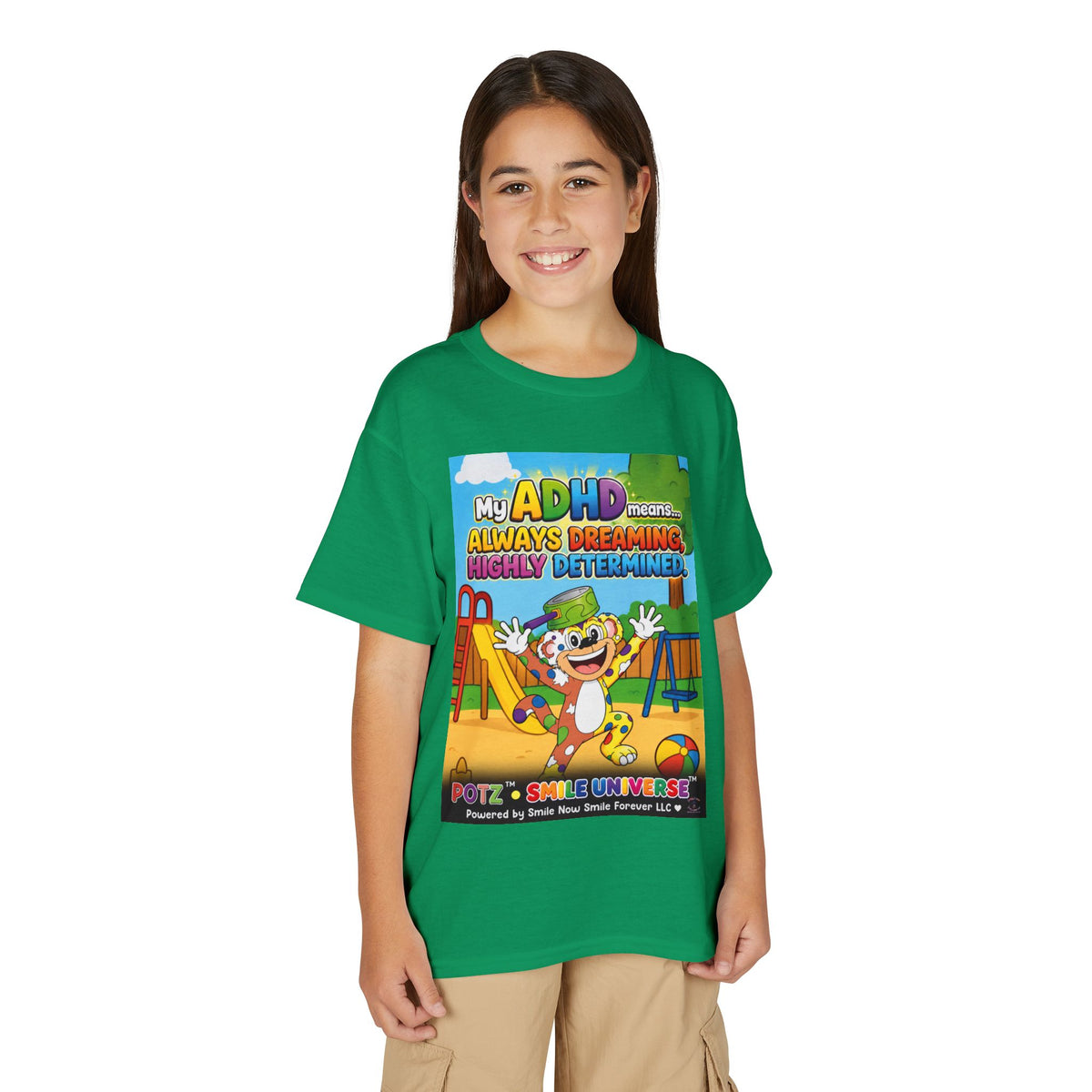 Potz™ Youth DryBlend® T-Shirt – "My ADHD Means Always Dreaming, Highly Determined" Graphic Tee | Smile Universe Collection