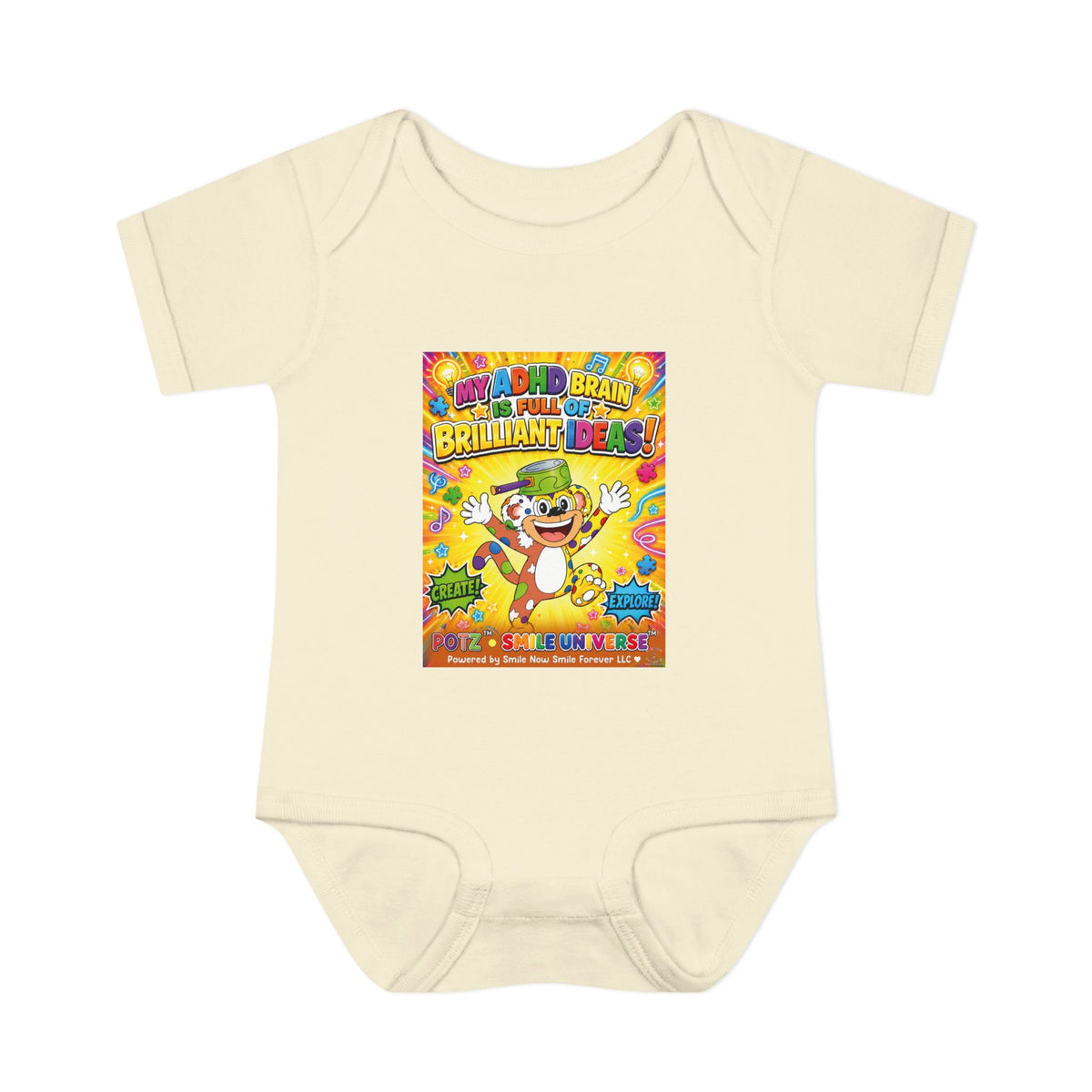 Potz™ Infant Baby Rib Bodysuit – "My ADHD Brain is Full of Brilliant Ideas!" Graphic Onesie | Smile Universe Collection