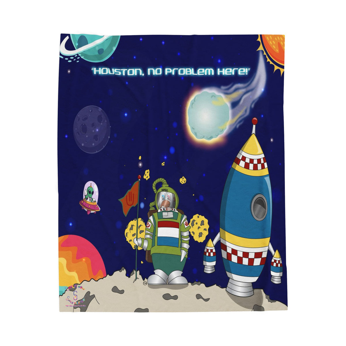 TuBz™ Velveteen Plush Blanket – "Houston, No Problem Here!" Graphic | Smile Universe Collection