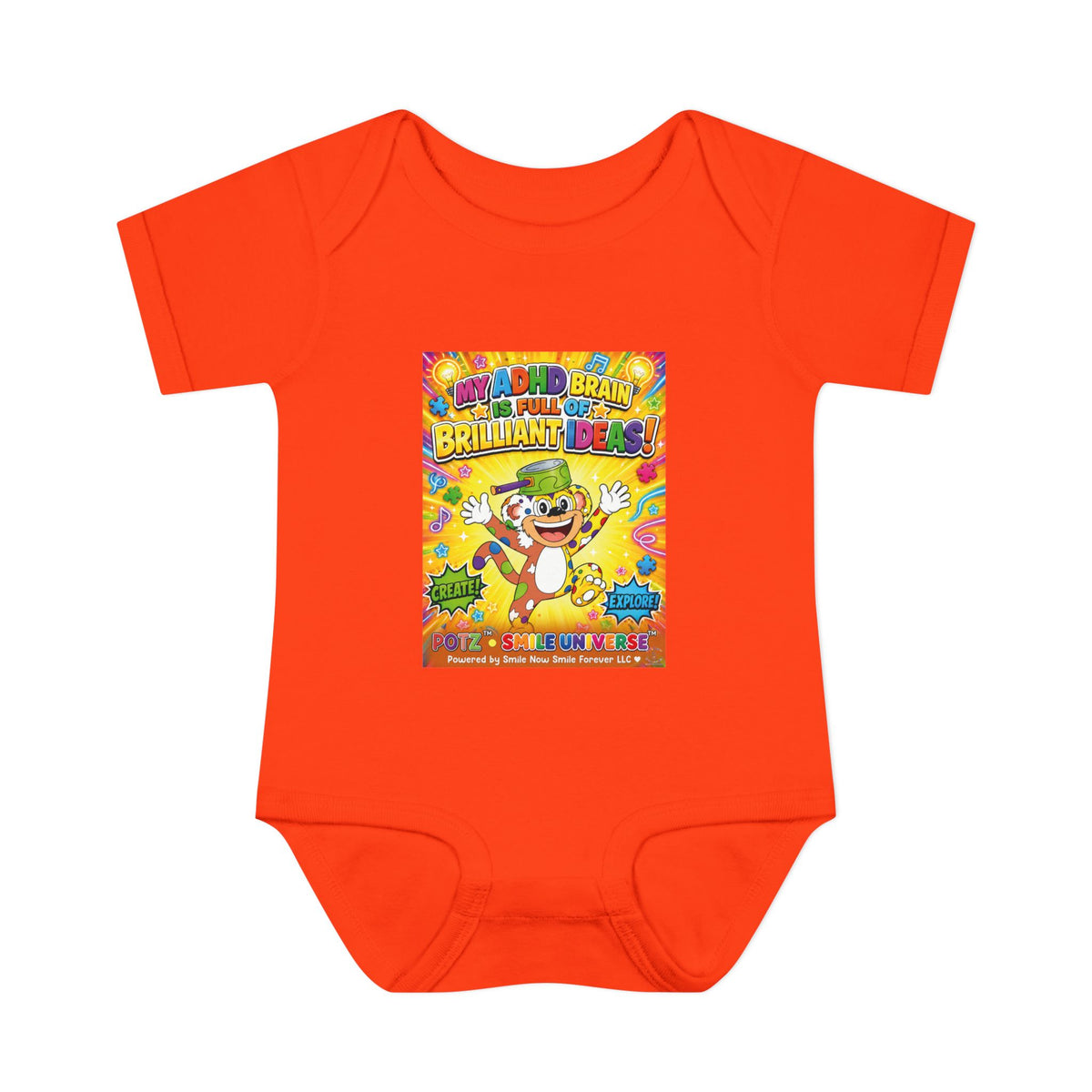 Potz™ Infant Baby Rib Bodysuit – "My ADHD Brain is Full of Brilliant Ideas!" Graphic Onesie | Smile Universe Collection