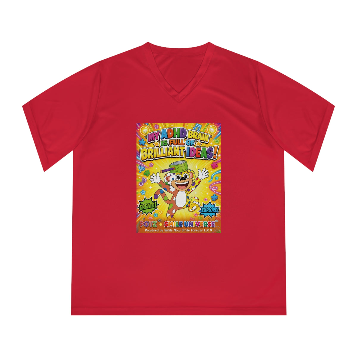 Potz™ Women's Performance V-Neck T-Shirt – "My ADHD Brain is Full of Brilliant Ideas!" Graphic Tee | Smile Universe Collection