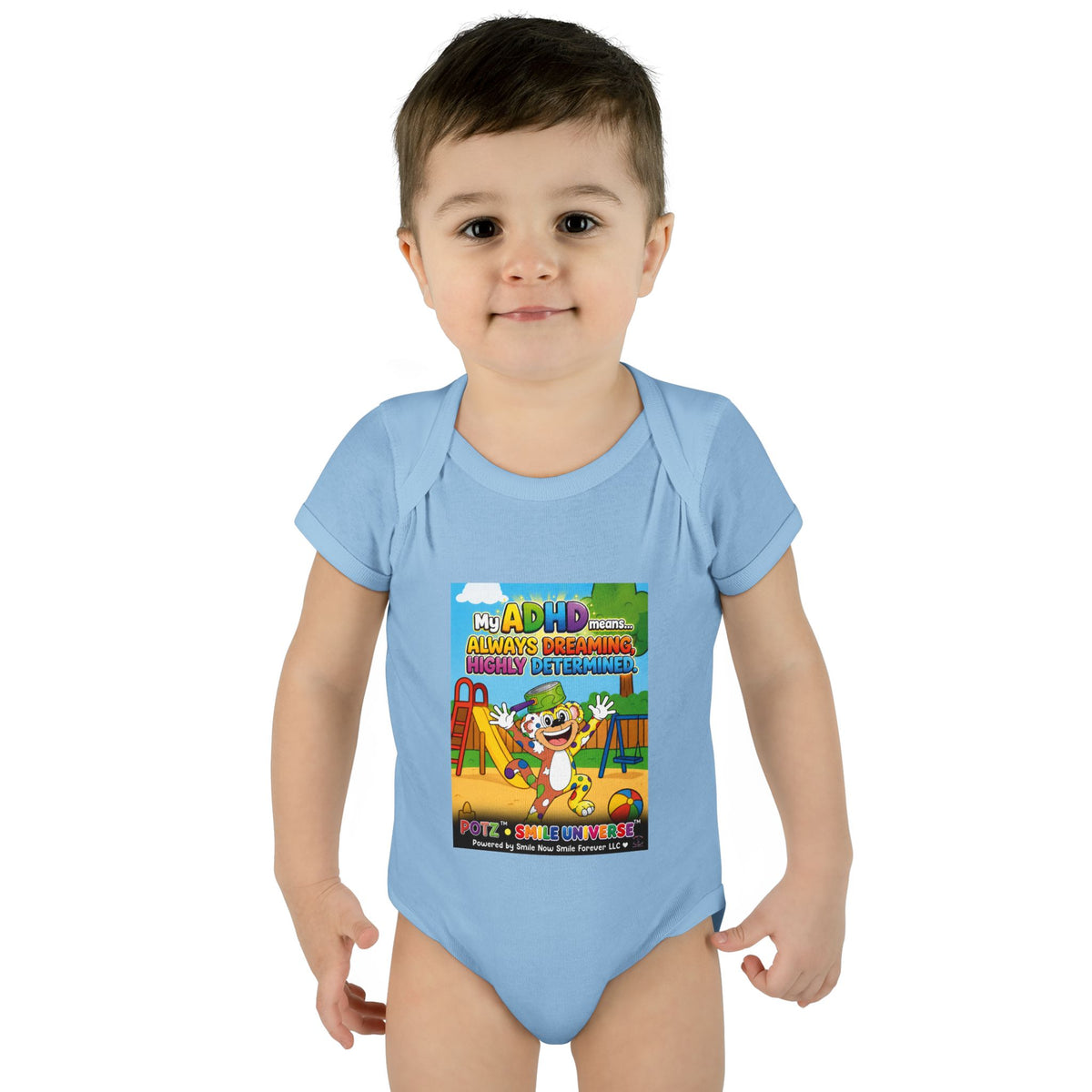 Potz™ Infant Baby Rib Bodysuit – "My ADHD Means Always Dreaming, Highly Determined" Graphic Onesie | Smile Universe Collection