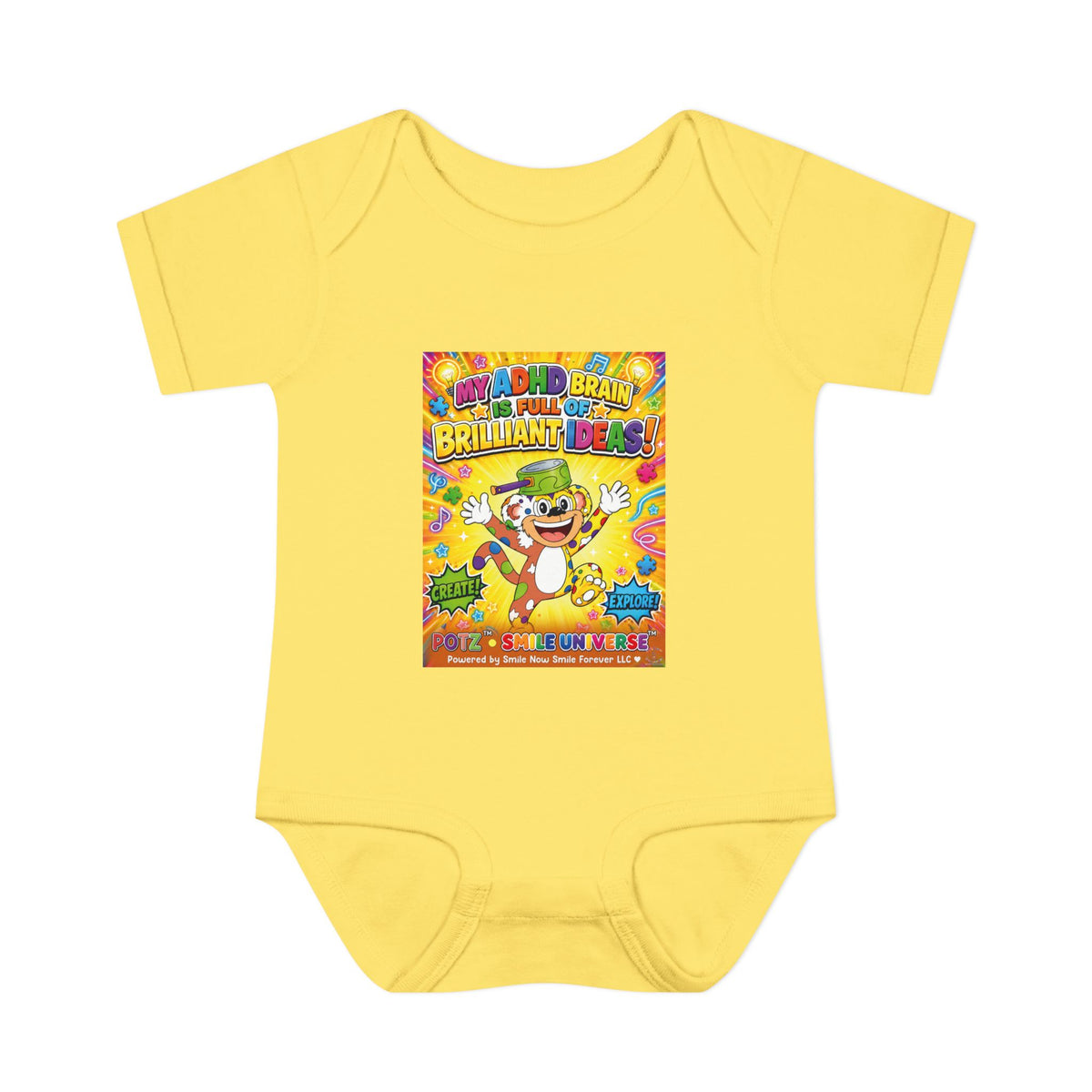 Potz™ Infant Baby Rib Bodysuit – "My ADHD Brain is Full of Brilliant Ideas!" Graphic Onesie | Smile Universe Collection