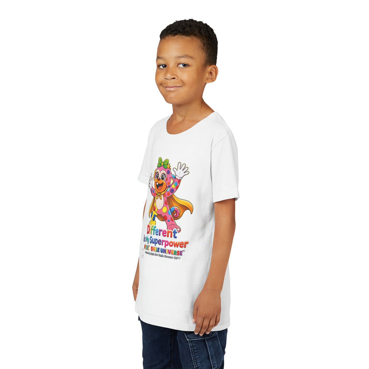 Panz™ Youth Short Sleeve Tee – "Different is My Superpower" Graphic | Smile Universe Collection