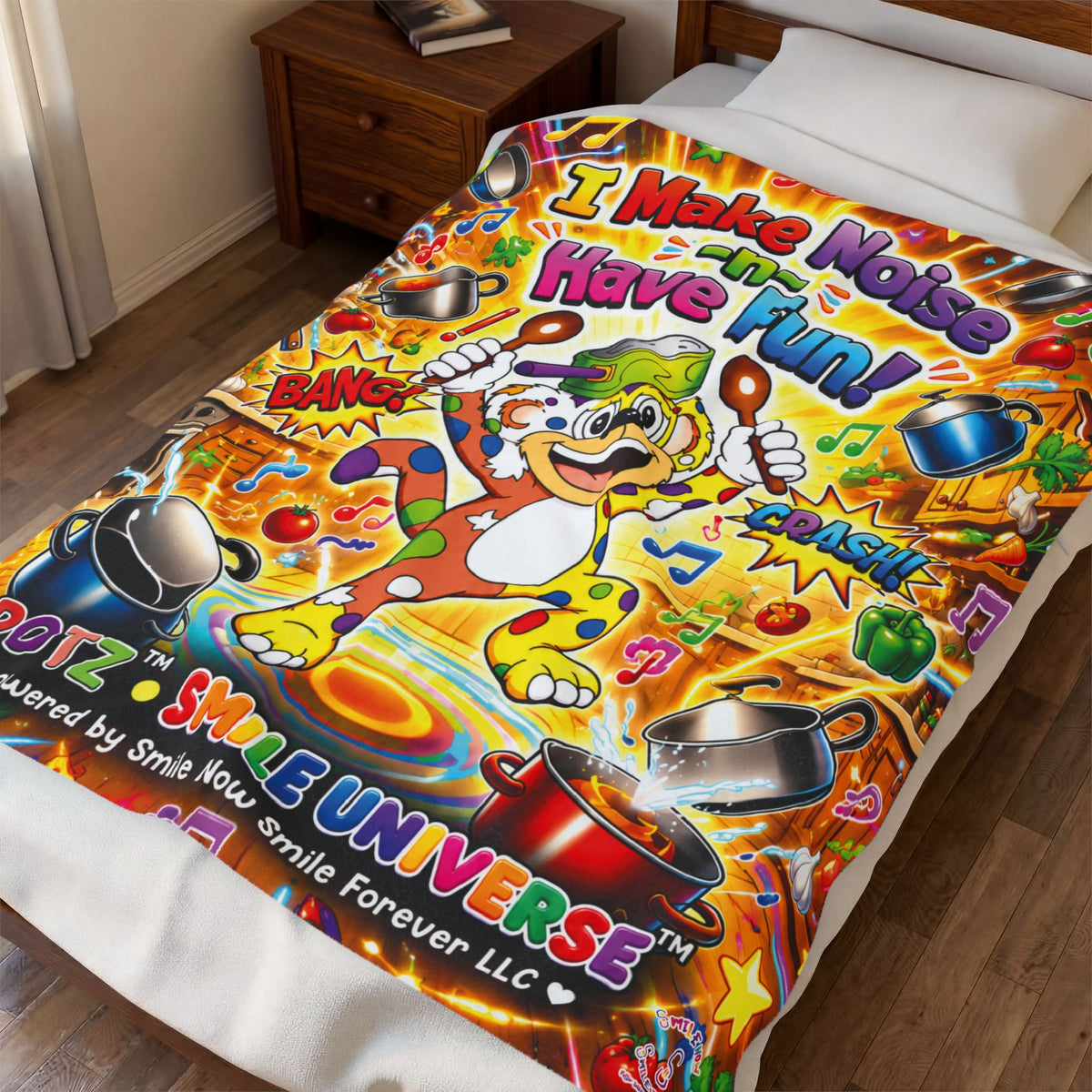 Potz™ Velveteen Plush Blanket – "I Make Noise -n- Have Fun!" Graphic Throw | Smile Universe Collection