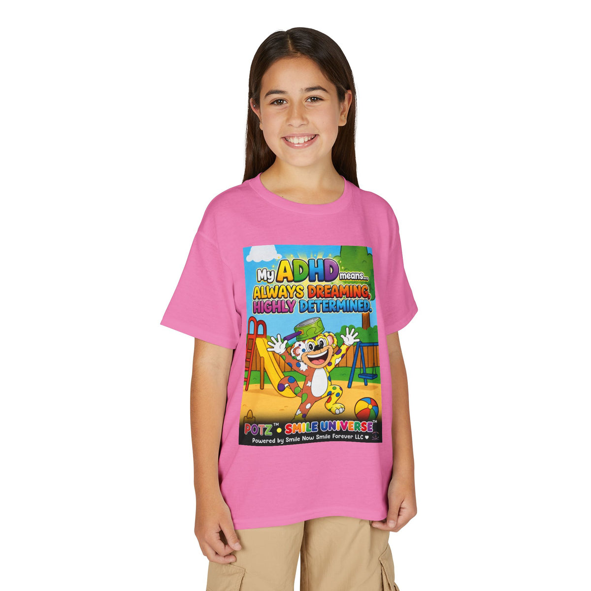 Potz™ Youth DryBlend® T-Shirt – "My ADHD Means Always Dreaming, Highly Determined" Graphic Tee | Smile Universe Collection