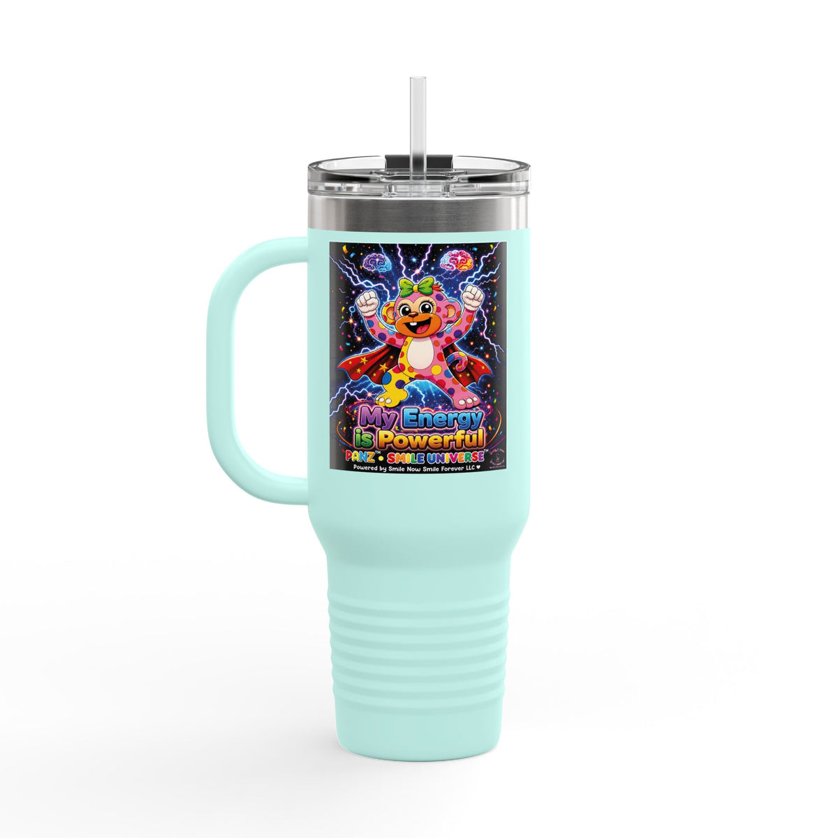 Panz™ Insulated Travel Mug 40oz – "My Energy is Powerful" Graphic Tumbler | Smile Universe Collection