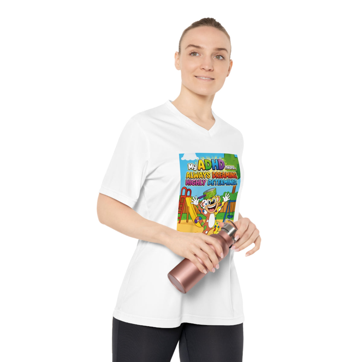 Potz™ Women's Performance V-Neck T-Shirt – "My ADHD Means Always Dreaming, Highly Determined" Graphic Tee | Smile Universe Collection