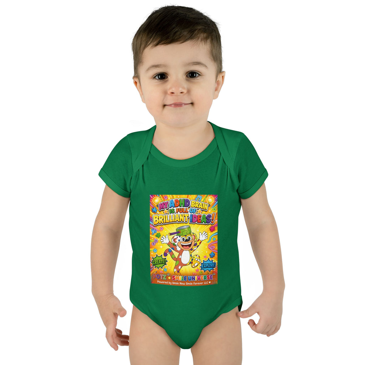 Potz™ Infant Baby Rib Bodysuit – "My ADHD Brain is Full of Brilliant Ideas!" Graphic Onesie | Smile Universe Collection