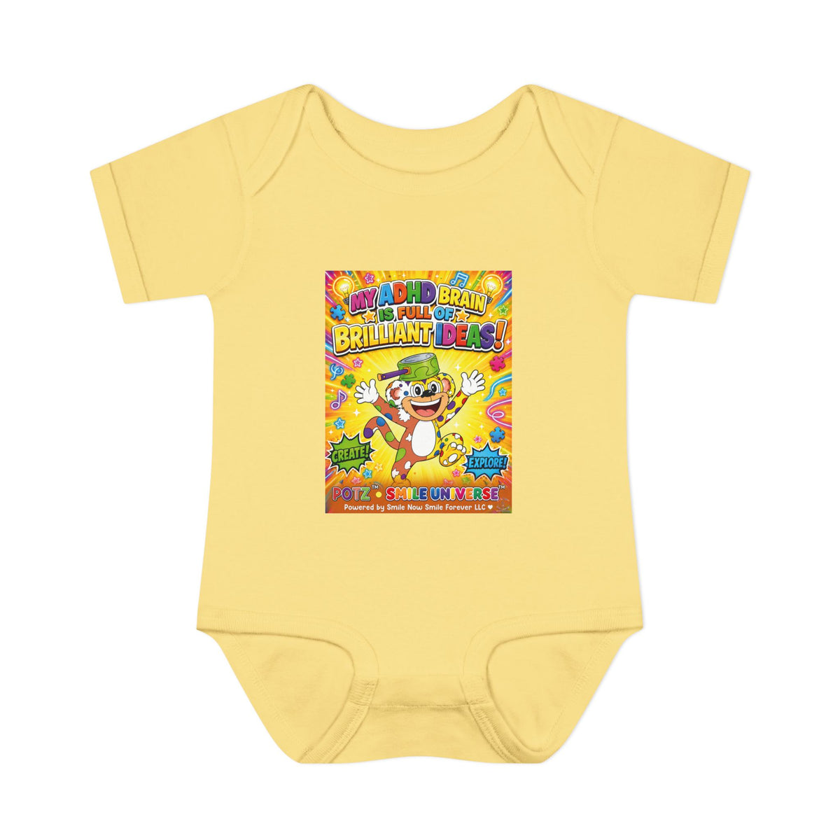 Potz™ Infant Baby Rib Bodysuit – "My ADHD Brain is Full of Brilliant Ideas!" Graphic Onesie | Smile Universe Collection