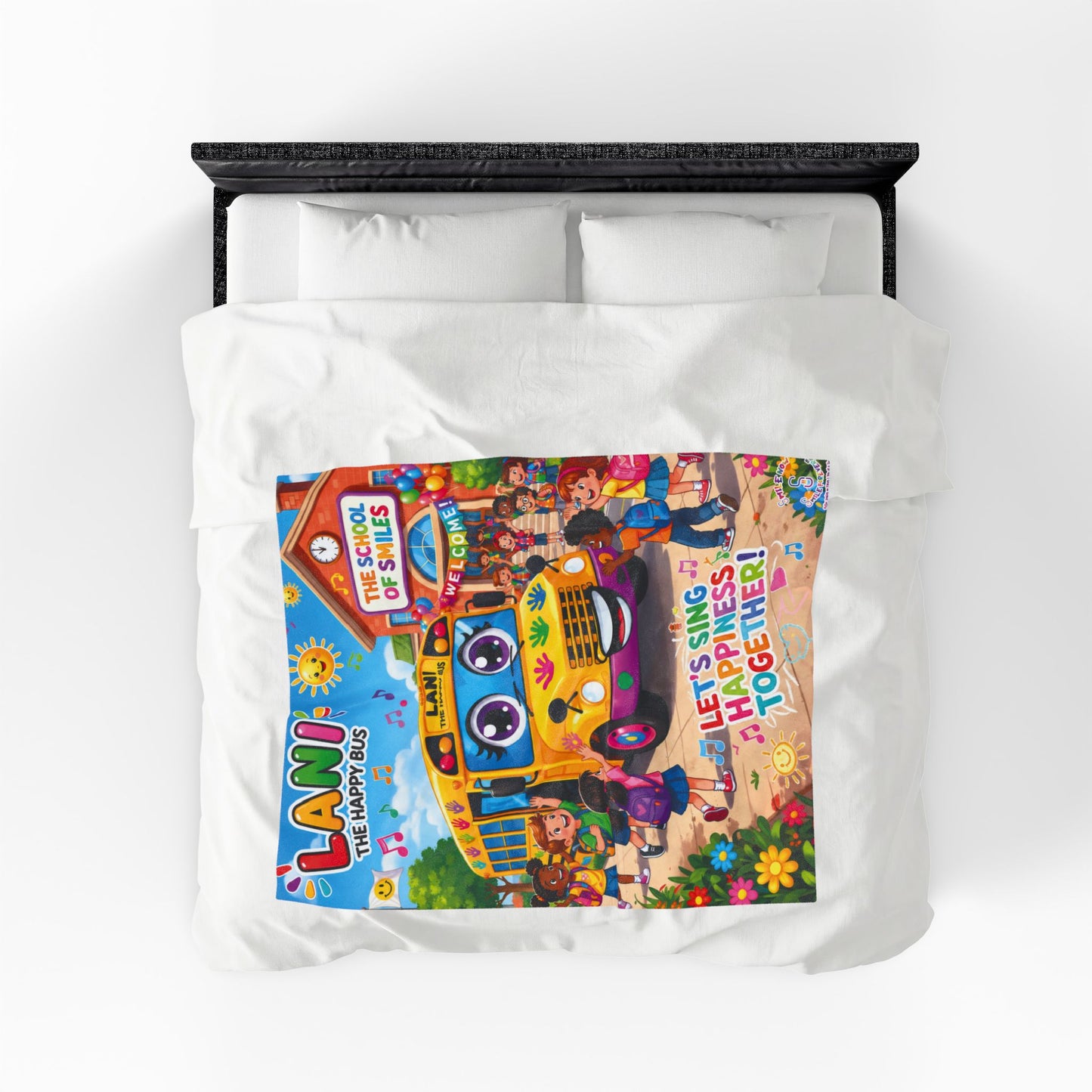Lani the Happy Bus Kids Velveteen Blanket — "Let's Sing Happiness Together" Cozy Throw