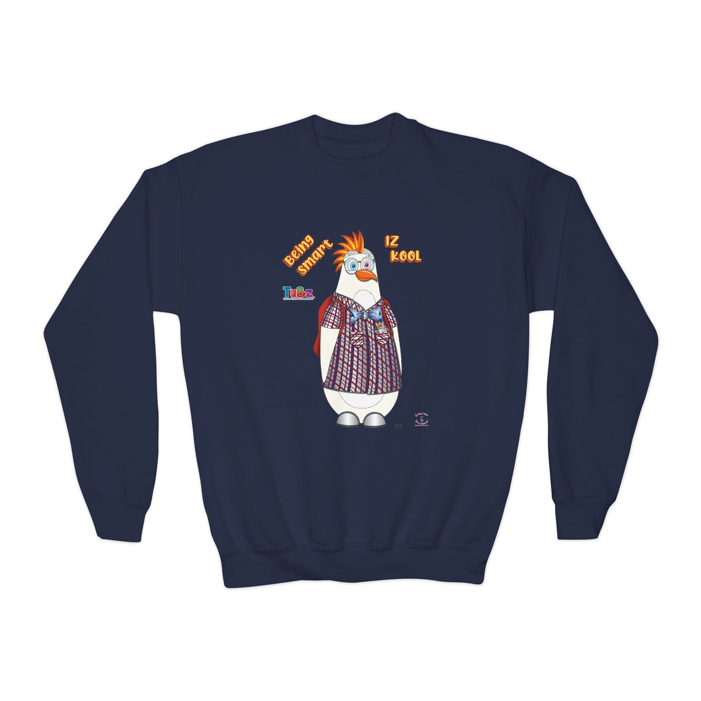 TuBz™ "Being Smart Iz Kool" Youth Crewneck Sweatshirt – Character Dress-Up Graphic Sweatshirt | Smile Universe TuBz4Kidz Collection