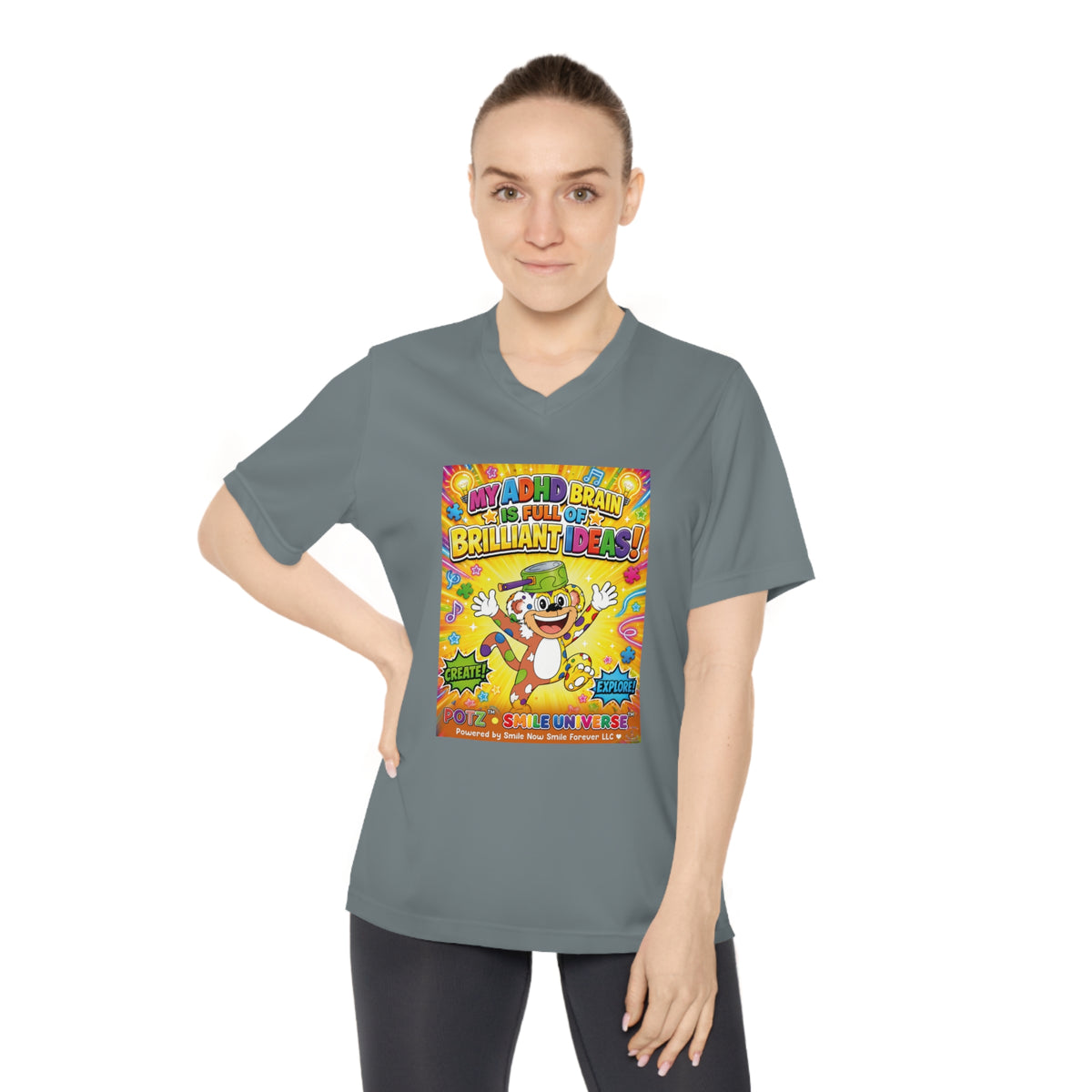 Potz™ Women's Performance V-Neck T-Shirt – "My ADHD Brain is Full of Brilliant Ideas!" Graphic Tee | Smile Universe Collection