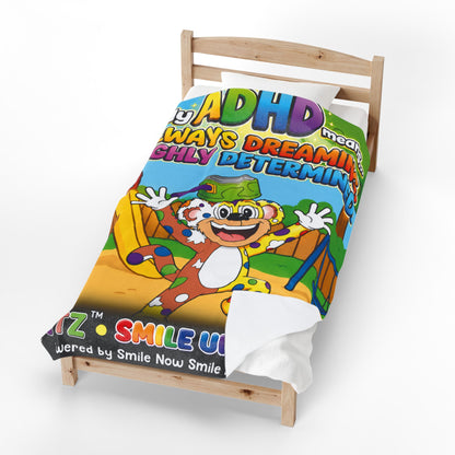 Potz™ Velveteen Plush Blanket – "My ADHD Means Always Dreaming, Highly Determined" Graphic Throw | Smile Universe Collection