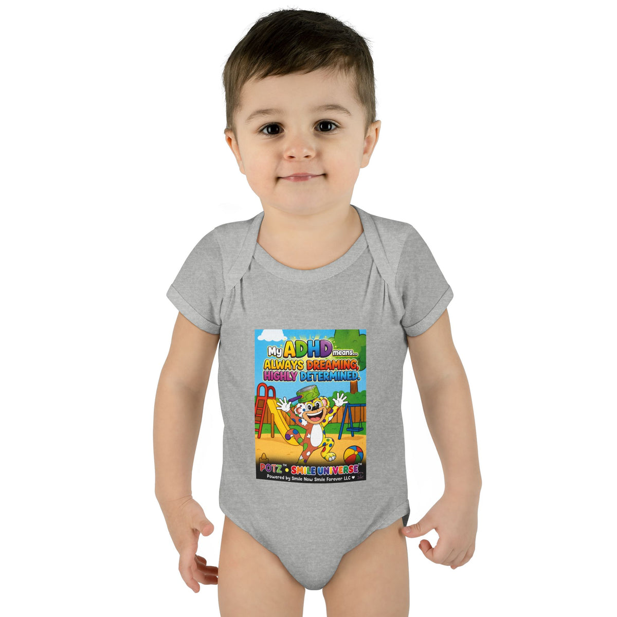 Potz™ Infant Baby Rib Bodysuit – "My ADHD Means Always Dreaming, Highly Determined" Graphic Onesie | Smile Universe Collection