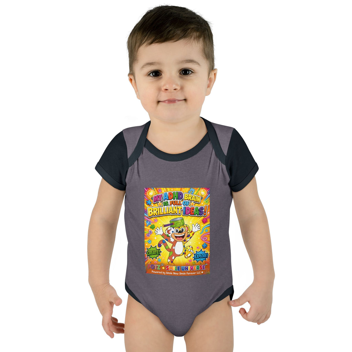 Potz™ Infant Baby Rib Bodysuit – "My ADHD Brain is Full of Brilliant Ideas!" Graphic Onesie | Smile Universe Collection