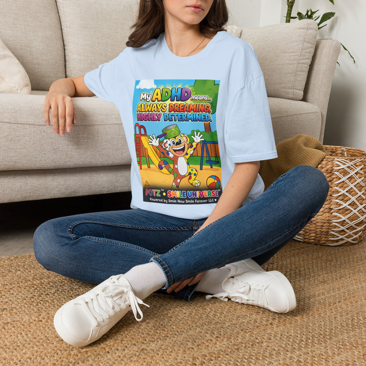 Potz™ Unisex Softstyle T-Shirt – "My ADHD Means Always Dreaming, Highly Determined" Graphic Tee | Smile Universe Collection