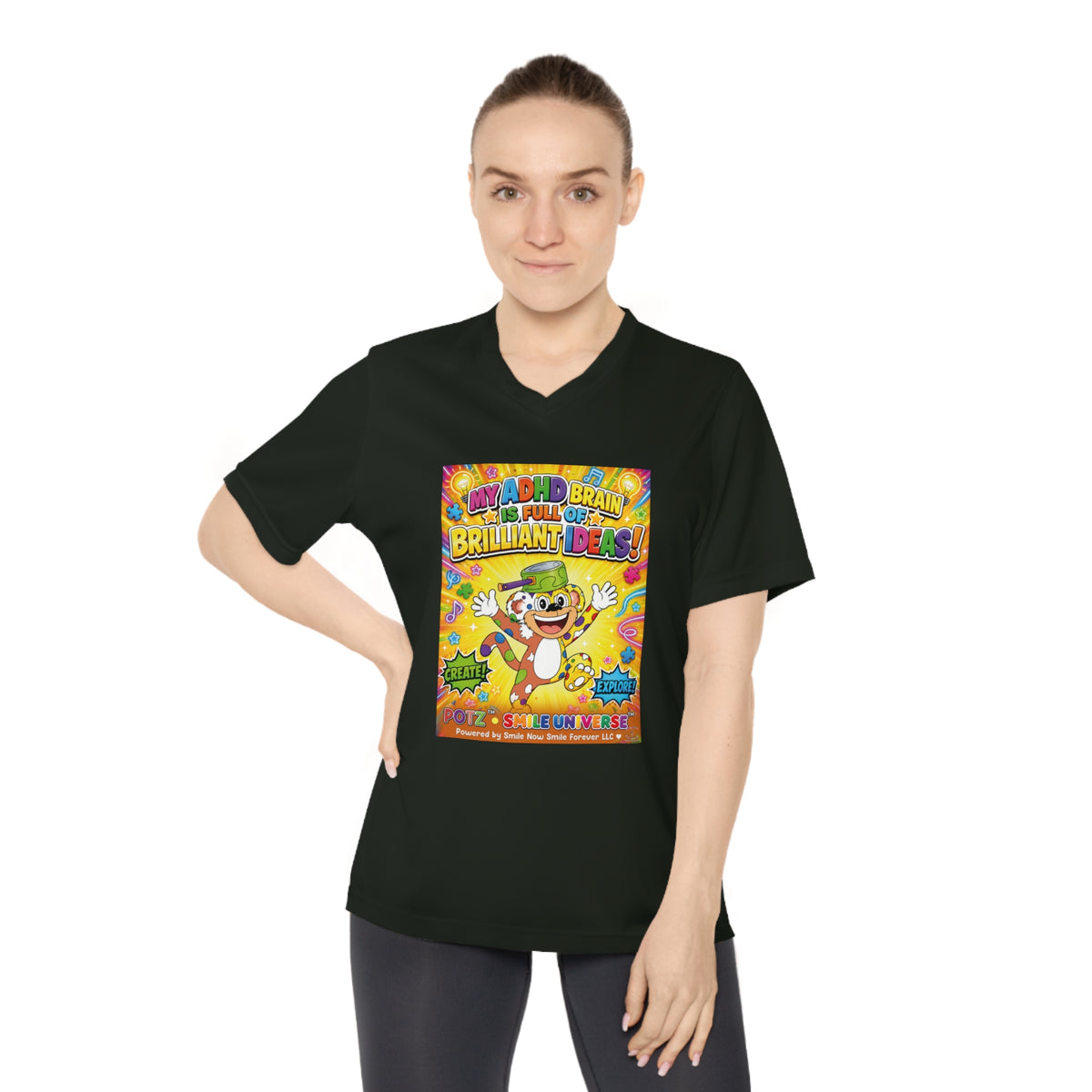 Potz™ Women's Performance V-Neck T-Shirt – "My ADHD Brain is Full of Brilliant Ideas!" Graphic Tee | Smile Universe Collection