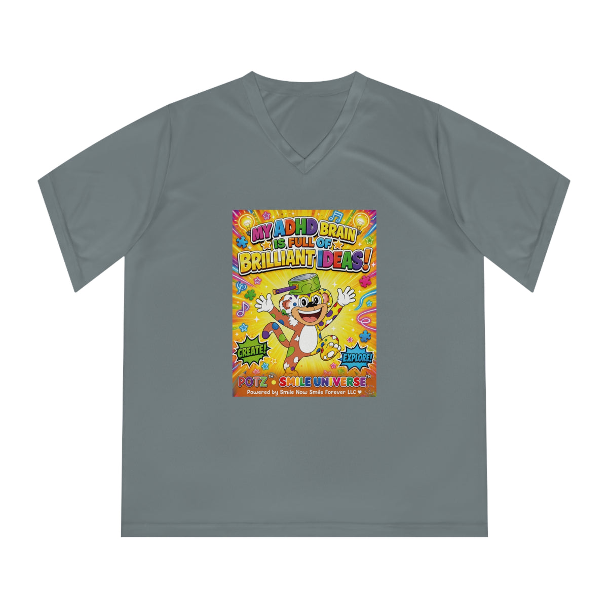 Potz™ Women's Performance V-Neck T-Shirt – "My ADHD Brain is Full of Brilliant Ideas!" Graphic Tee | Smile Universe Collection