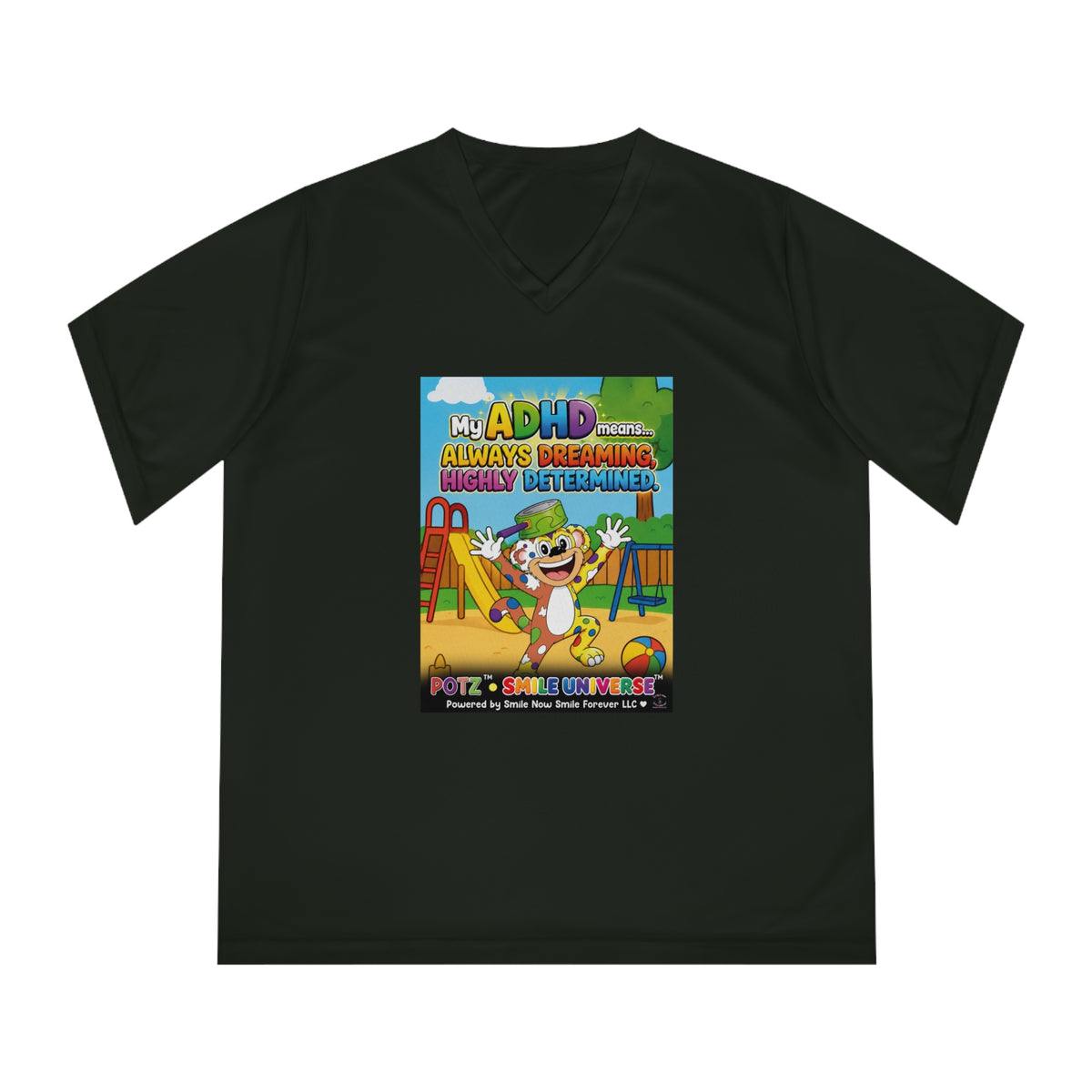 Potz™ Women's Performance V-Neck T-Shirt – "My ADHD Means Always Dreaming, Highly Determined" Graphic Tee | Smile Universe Collection
