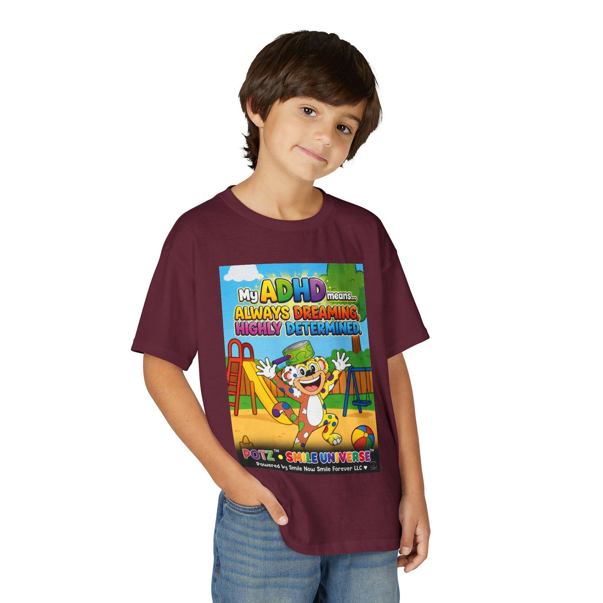 Potz™ Youth DryBlend® T-Shirt – "My ADHD Means Always Dreaming, Highly Determined" Graphic Tee | Smile Universe Collection