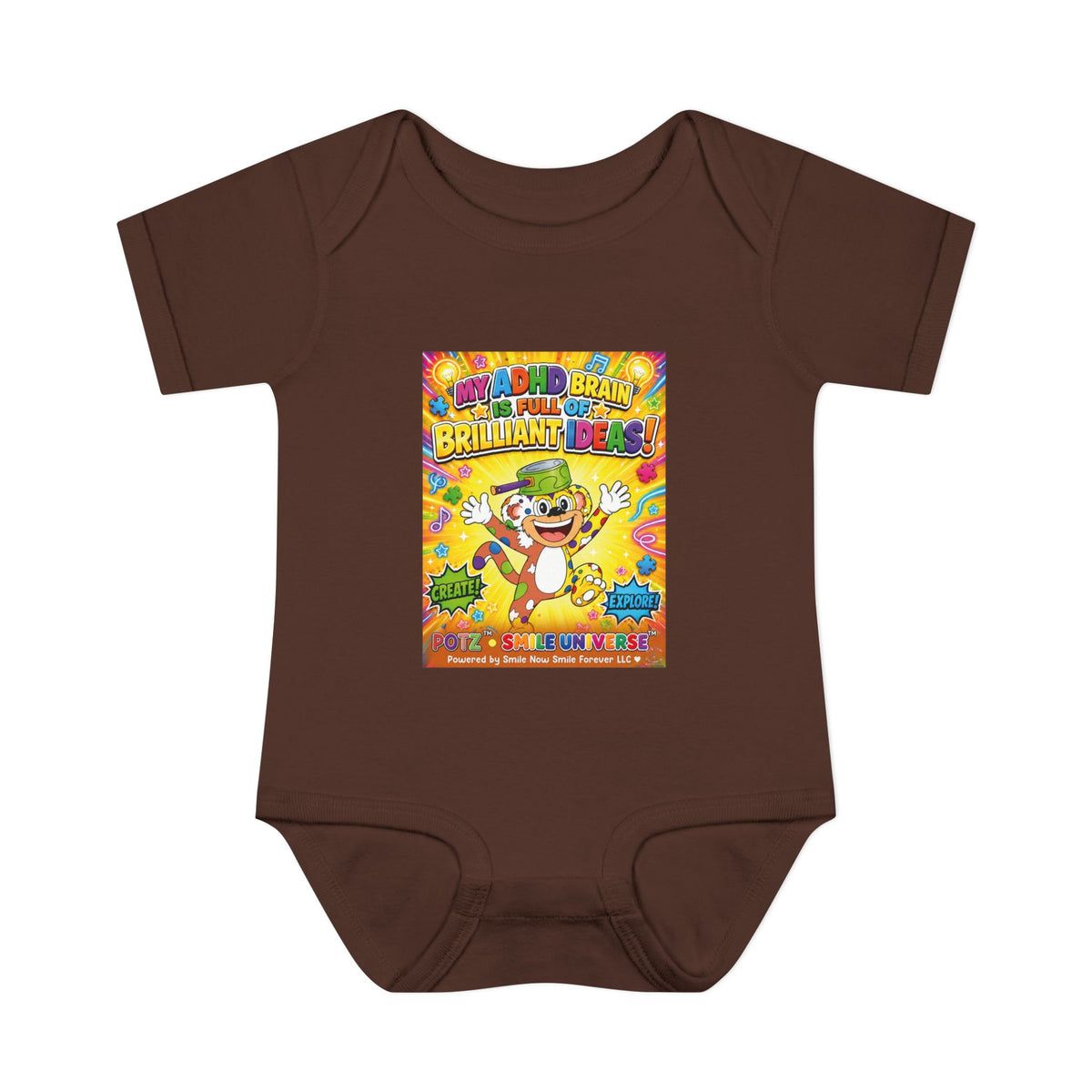 Potz™ Infant Baby Rib Bodysuit – "My ADHD Brain is Full of Brilliant Ideas!" Graphic Onesie | Smile Universe Collection
