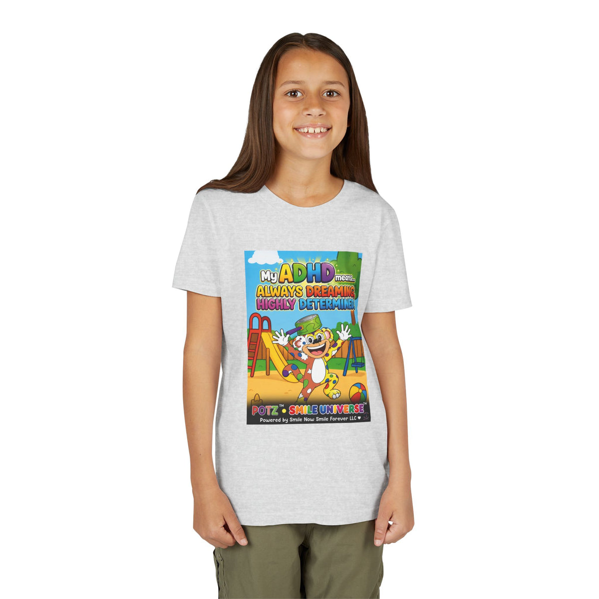 Potz™ Youth Short Sleeve Tee – "My ADHD Means Always Dreaming, Highly Determined" Graphic Tee | Smile Universe Collection