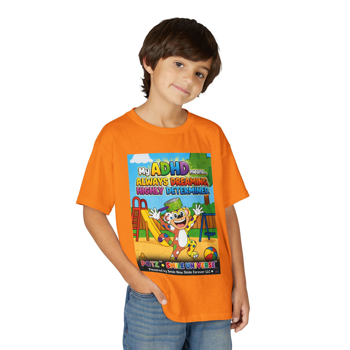 Potz™ Youth DryBlend® T-Shirt – "My ADHD Means Always Dreaming, Highly Determined" Graphic Tee | Smile Universe Collection