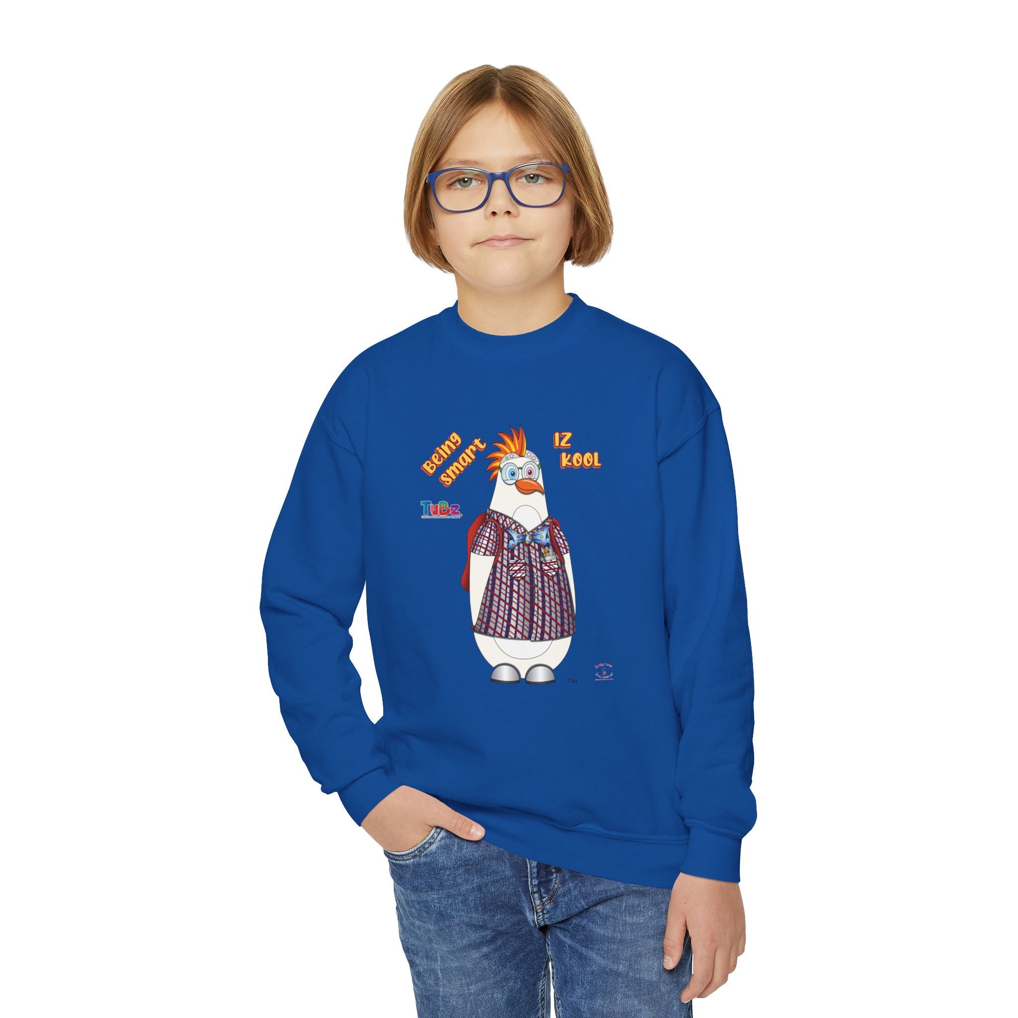 TuBz™ "Being Smart Iz Kool" Youth Crewneck Sweatshirt – Character Dress-Up Graphic Sweatshirt | Smile Universe TuBz4Kidz Collection