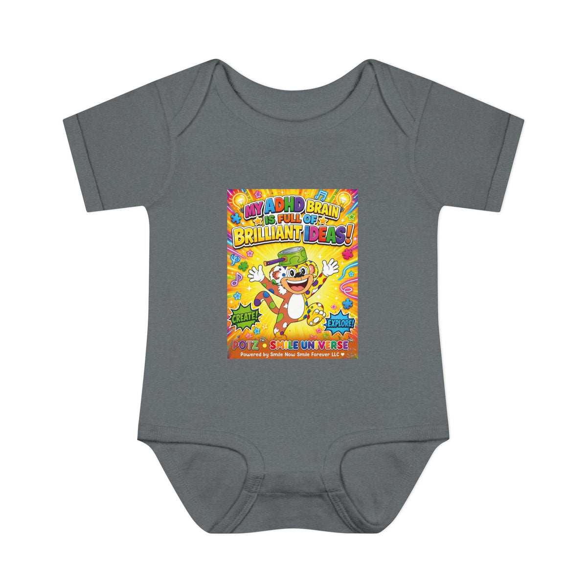 Potz™ Infant Baby Rib Bodysuit – "My ADHD Brain is Full of Brilliant Ideas!" Graphic Onesie | Smile Universe Collection