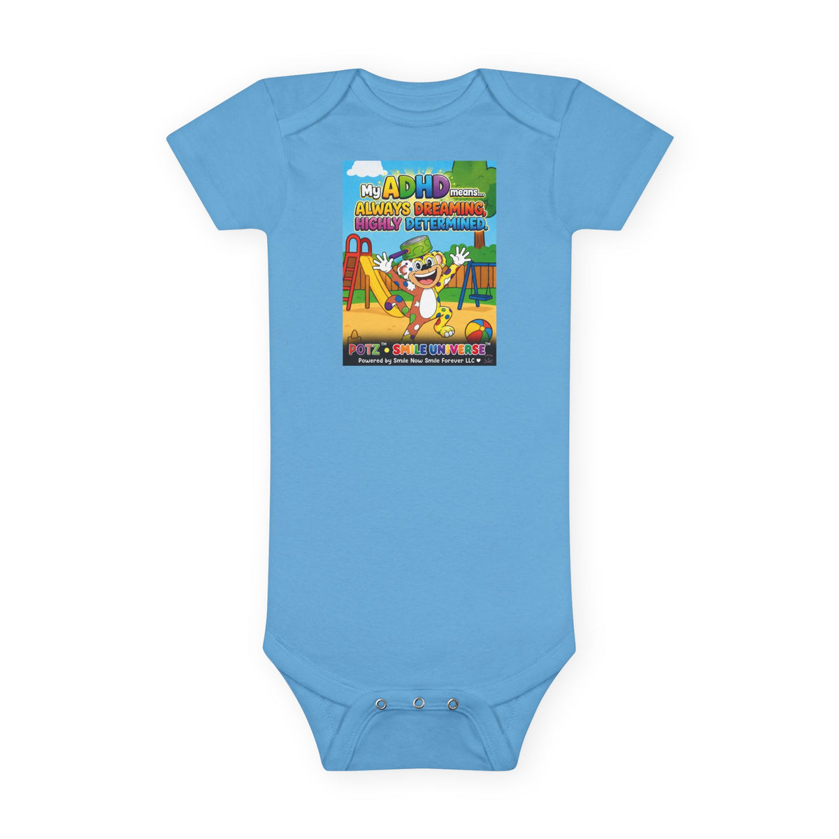 Potz™ Baby Short Sleeve Onesie® – "My ADHD Means Always Dreaming, Highly Determined" Graphic Bodysuit | Smile Universe Collection