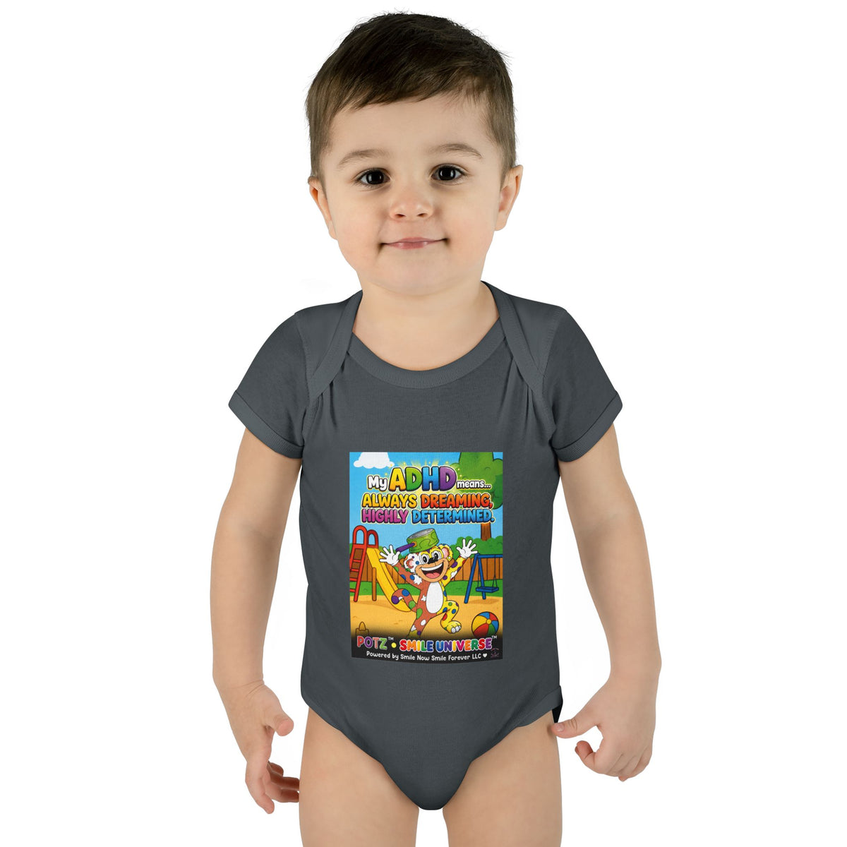 Potz™ Infant Baby Rib Bodysuit – "My ADHD Means Always Dreaming, Highly Determined" Graphic Onesie | Smile Universe Collection