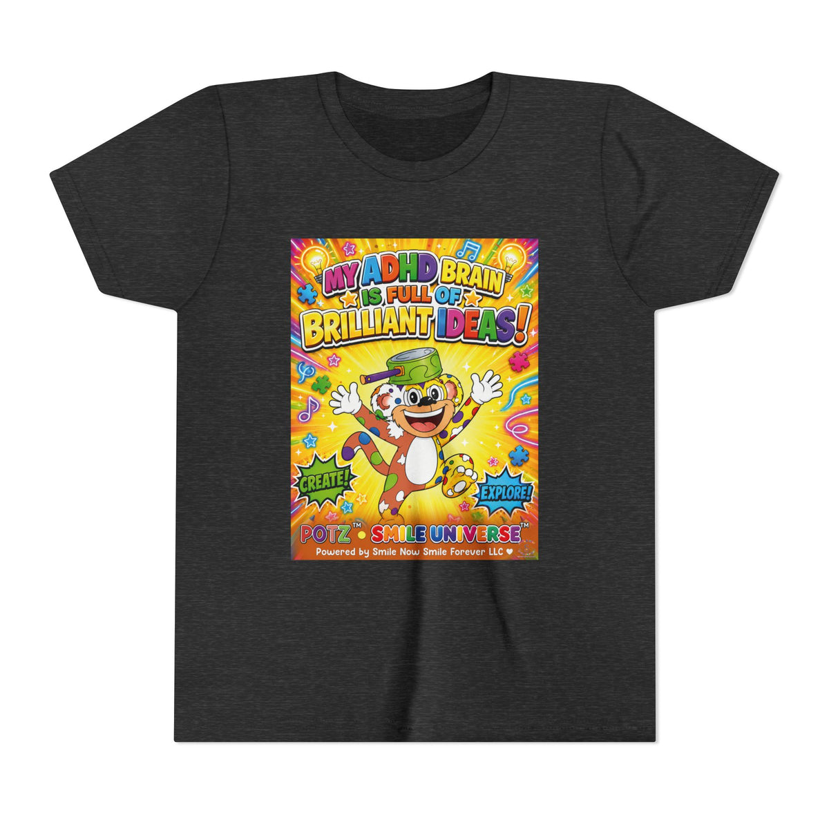 Potz™ Youth Short Sleeve Tee – "My ADHD Brain is Full of Brilliant Ideas!" Graphic Tee | Smile Universe Collection