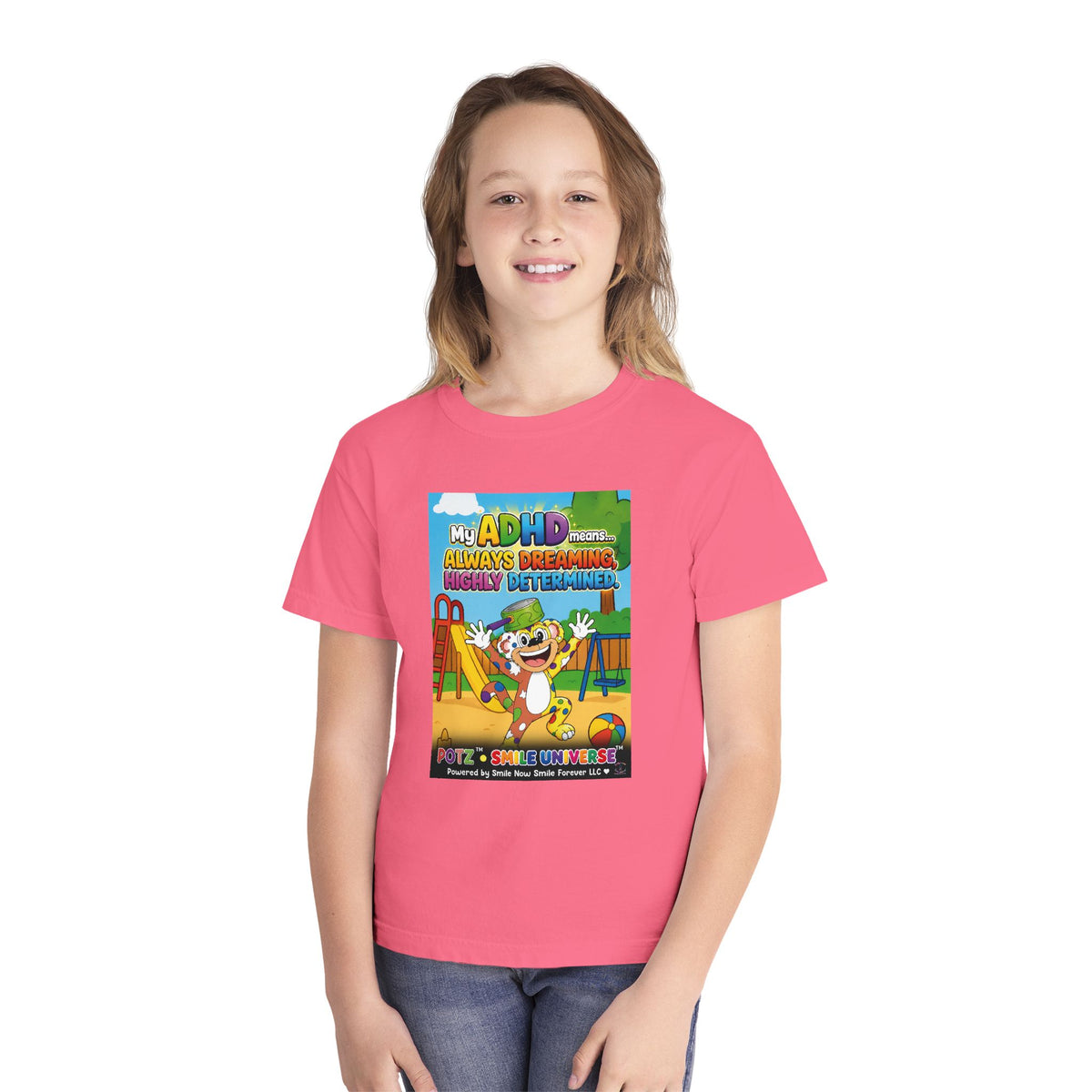 Potz™ Youth Midweight Tee – "My ADHD Means Always Dreaming, Highly Determined" Graphic Tee | Smile Universe Collection